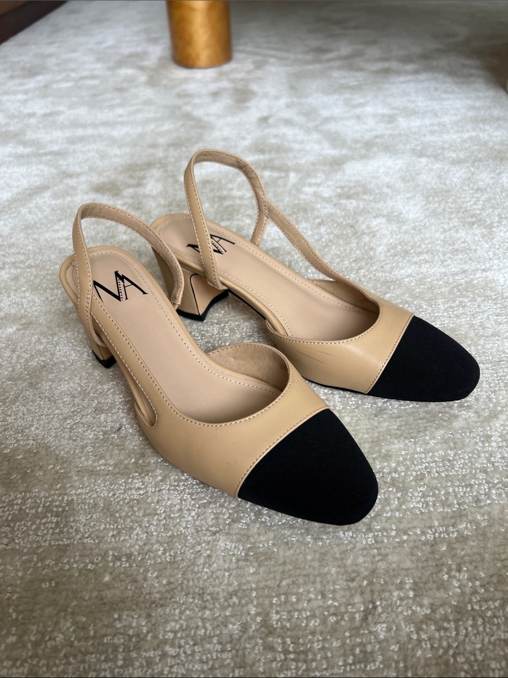 Neutral Beige and Black Slingback Pumps - Fashion Brand